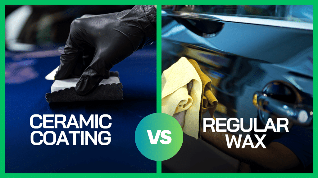 A side-by-side comparison of ceramic coating vs. regular wax, showing a professional applying a ceramic coating with an applicator pad on the left and a person applying regular wax with a microfiber cloth on the right.