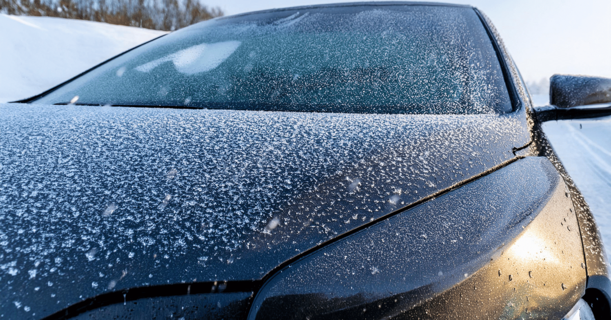 A snow-covered car with water beading on the surface, showcasing the benefits of ceramic coating for winter protection.